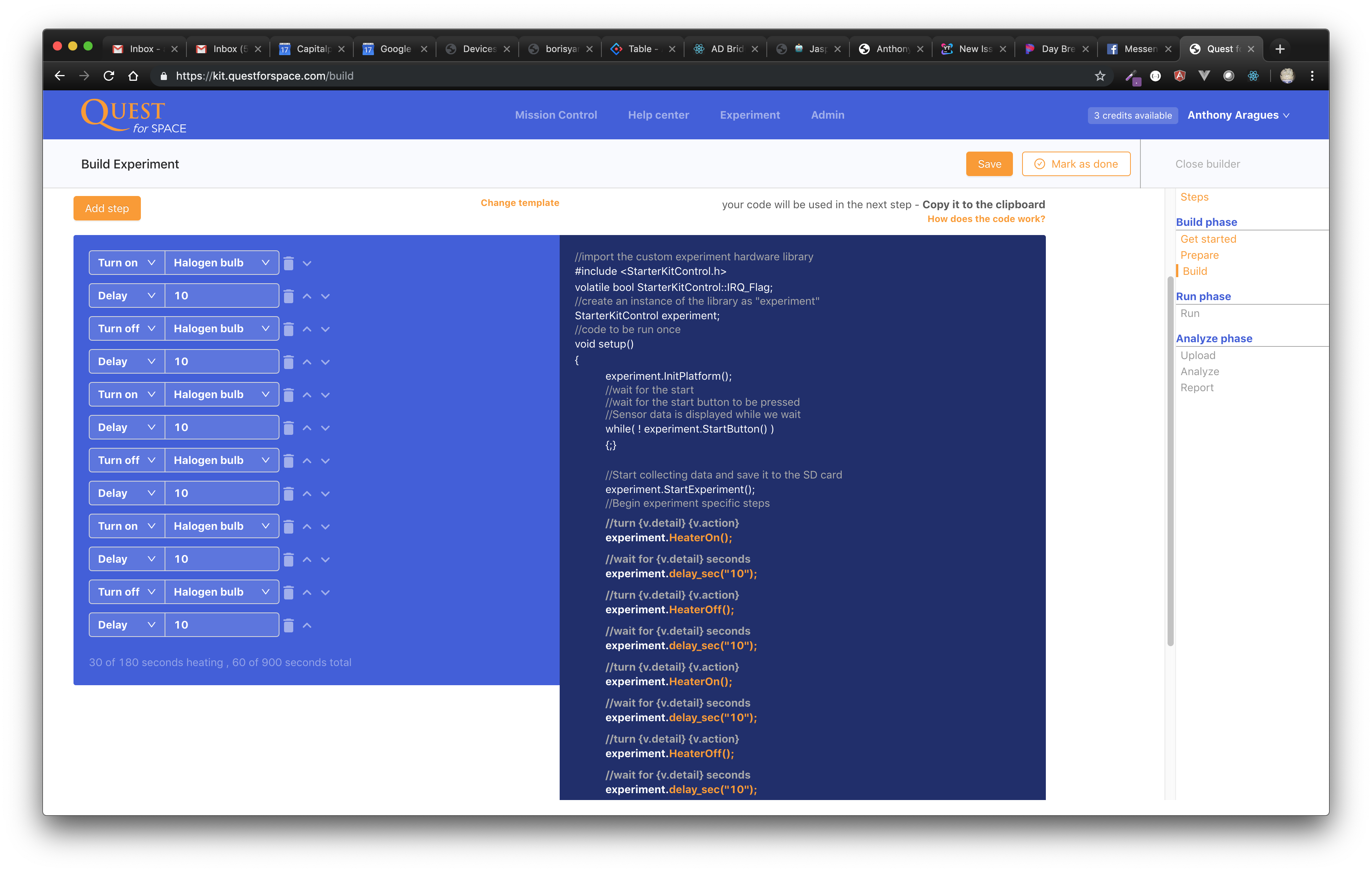 Quest for Space — experiment builder generating real Arduino code beside visual steps