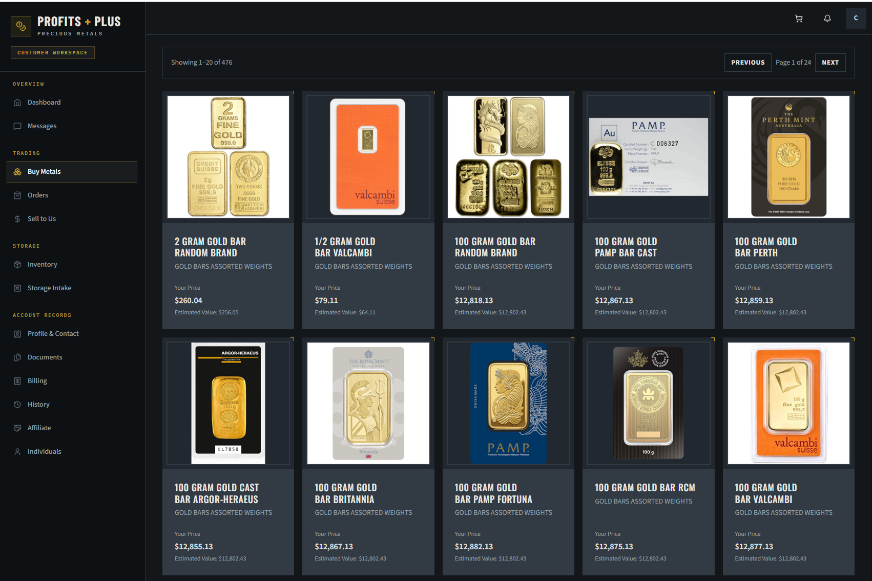 Vault — customer portal and back-office for a precious-metals custody business